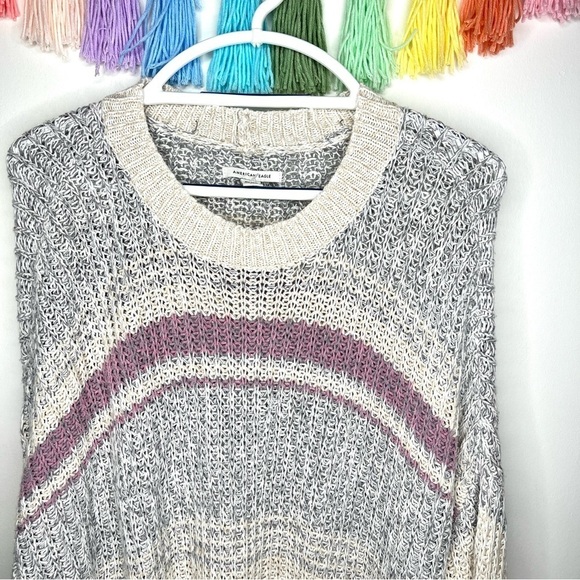 American Eagle Oversized Slouchy Knit Stripe Purple Blue Crewneck Sweater XL - Picture 7 of 14